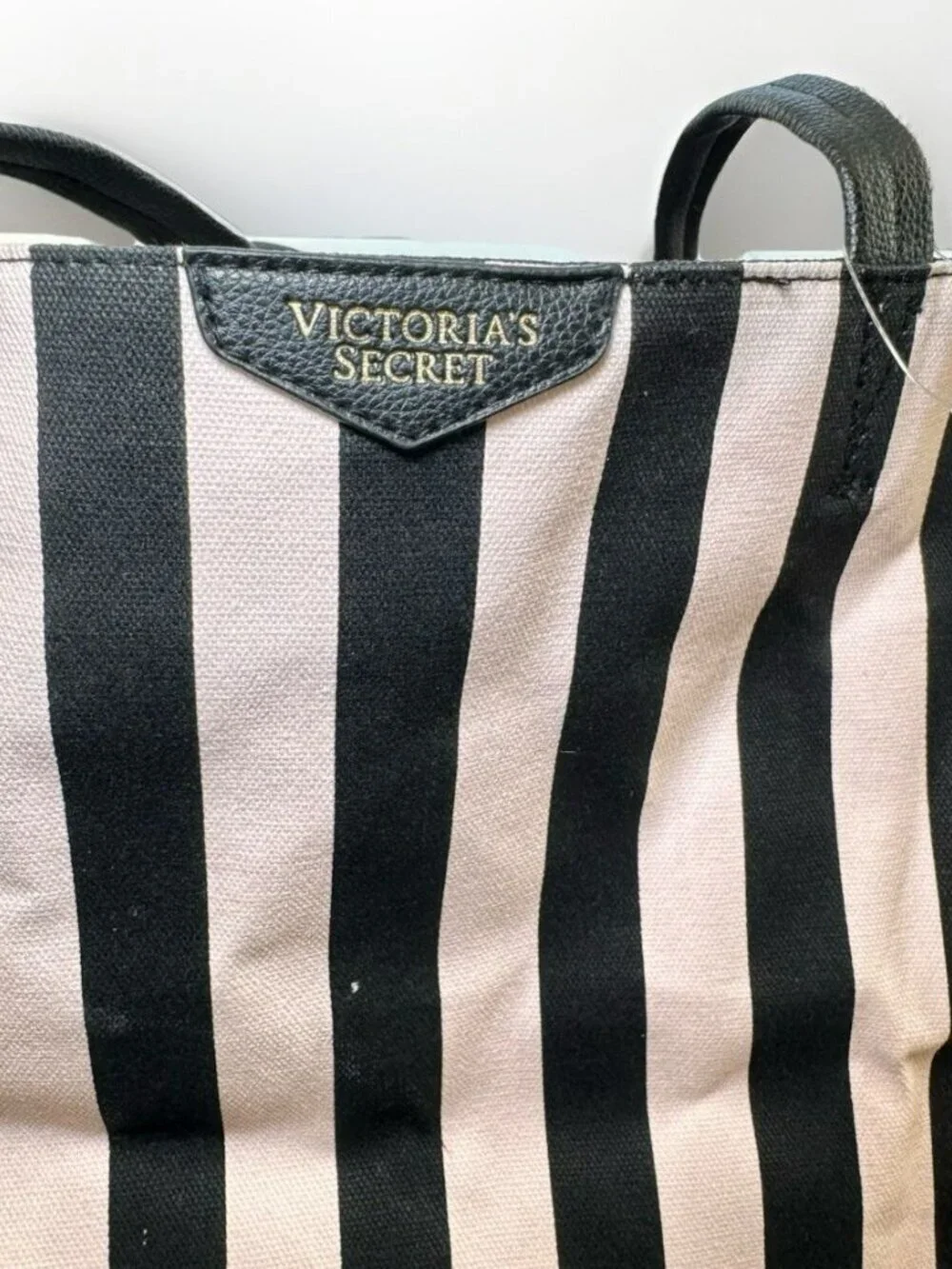 VS Victoria's Secret Large Canvas Tote Beach Bag Pale Pink & Black Striped